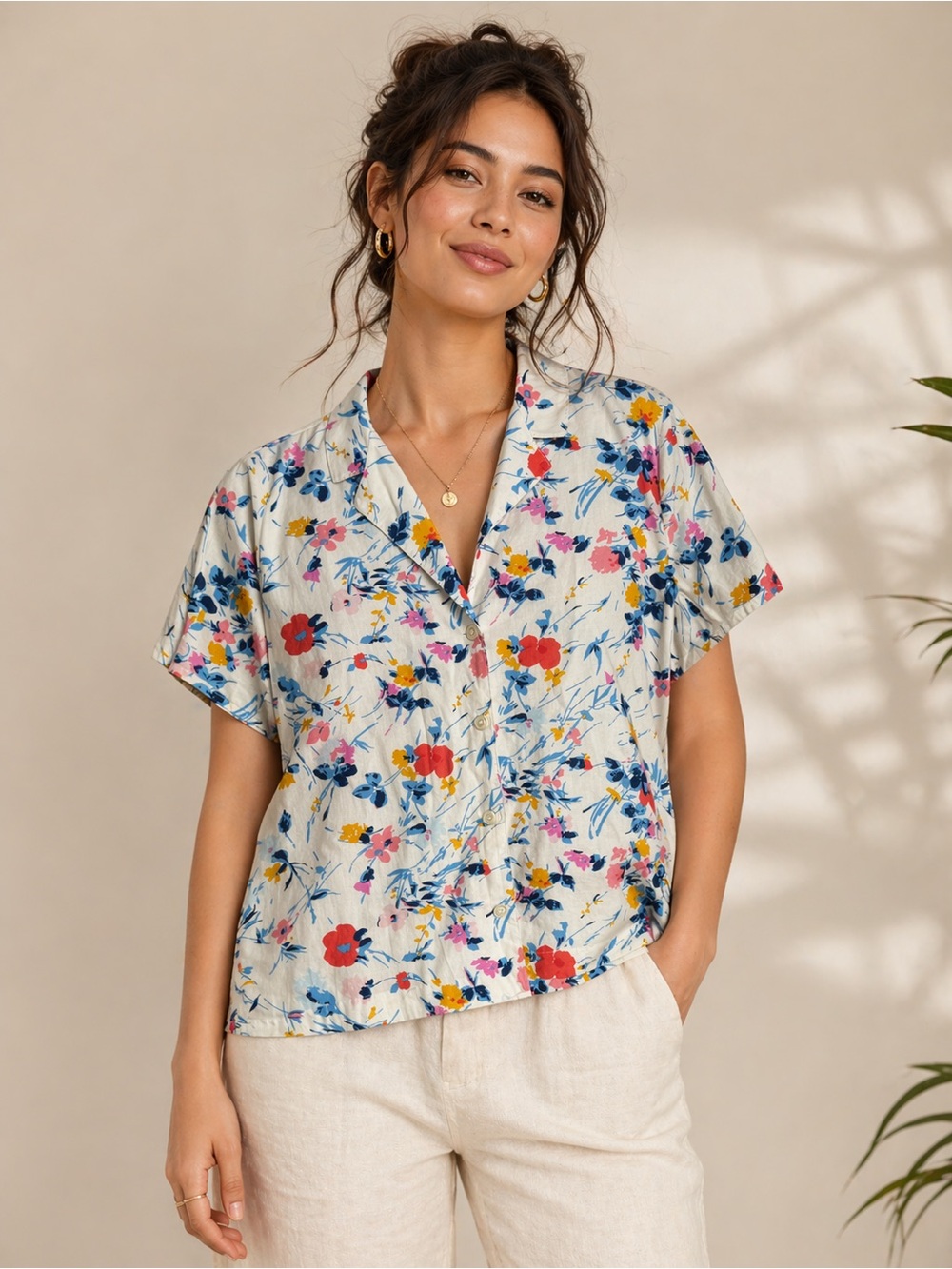 Gap Floral Cotton Camp Shirt Size M Short Sleeve Button Down